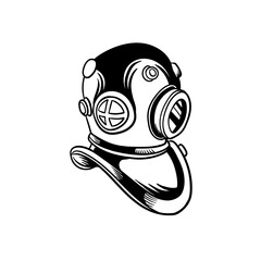 Hand drawn illustration of a diver's helmet under the sea outline design