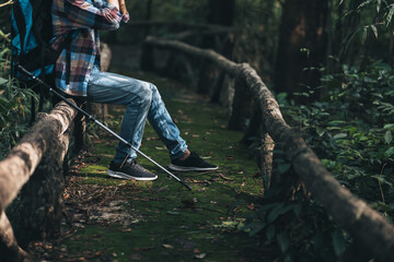 hiker with backpack sitting on old wood fence in the forest  while a rest. hiking and adventure concept.