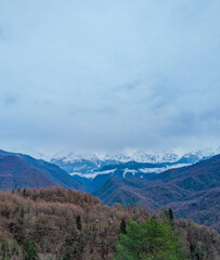 Fototapeta na wymiar Magnificent panorama on the mountine tourist resorts of Svaneti, Mestia