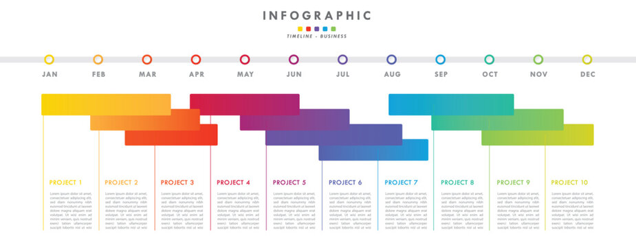 Timeline and project management month in a year business panoramical horizontal infographic. Modern Cclorful flat infographics design template. Simple vector illustration for business presentation.