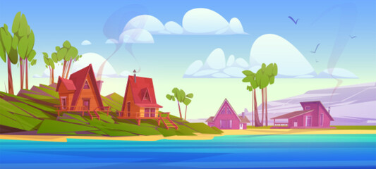 Obraz na płótnie Canvas Cozy wooden houses near mountain lake. Vector cartoon illustration of beautiful natural landscape, glamping huts on green hill, tall trees, blue water surface, birds flying in sky. Recreation scene