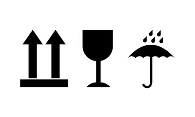Up, Fragile, Protect from moisture, handling, manipulation signs. Packaging symbol set. Umbrella. Symbols for cardboard box. Parcel with warning icon. Vector illustration. EPS 10