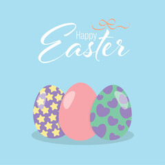 Blue background,  white inscription with an orange ribbon Happy Easter with three painted eggs. Greeting card, banner, vector illustration