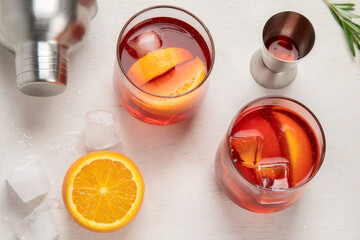 Set of various cocktails with fruits on white background.