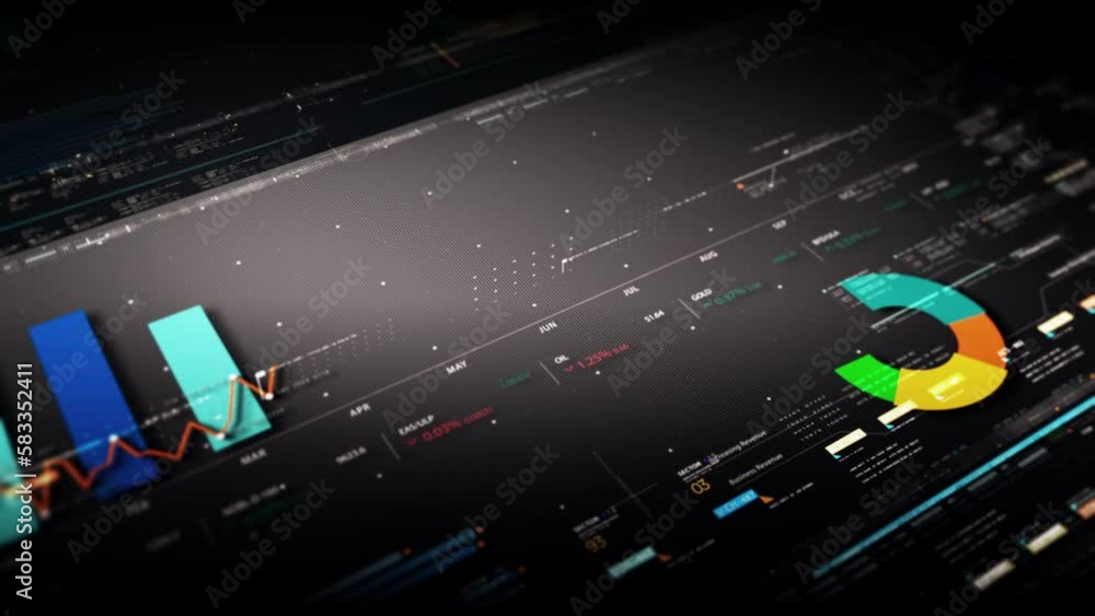 Poster Business stock market, trading, info graphic with animated graphs, charts and data numbers insight analysis to be shown on monitor display screen for business meeting mock up theme
