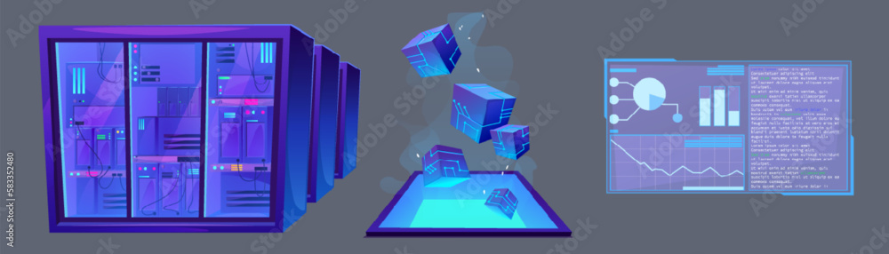 Poster digital data analysis dashboard, computer server room set. database storage, blockchain and network 