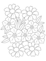 coloring book page for adult and kids. Cute doodle composition with abstract flowers and leaves
