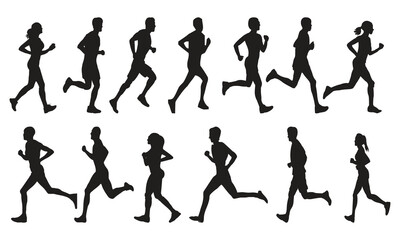 Fototapeta na wymiar Set of silhouette of men and women running. Side profile. Vector illustration