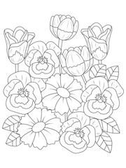 coloring book page for adult and kids. Cute doodle composition with abstract flowers and leaves
