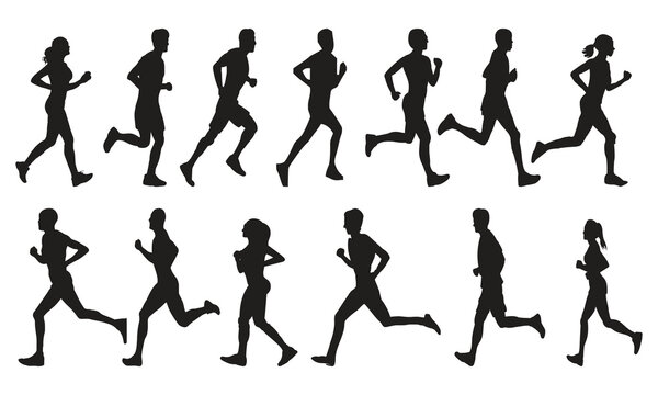 Set of silhouette of men and women running. Side profile. Vector illustration