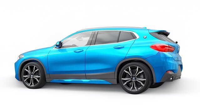 Berlin. Germany. March 16, 2023. BMW X2 20d Xdrive 2020. Blue sports compact SUV car for family and adventure. 3d illustration.