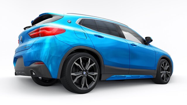 Berlin. Germany. March 16, 2023. BMW X2 20d Xdrive 2020. Blue sports compact SUV car for family and adventure. 3d illustration.