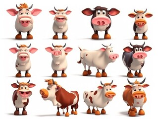 Set cow Cartoon cute character. Collection isolated on white background. generative ai