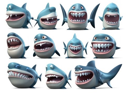 Set fish shark Cartoon cute character. Collection isolated on white background. generative ai