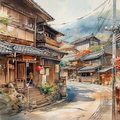 水彩で書いた日本の風景・背景素材・Generative AI