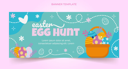 Happy Easter blue banner vector design, holiday background, egg hunt event, editable illustration with basket, flowers, and hearts