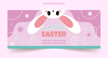 Easter day design, Holiday banner, web poster, Easter background, design with typography, bunnies, flowers, eggs, and bunny ears, in pastel colors