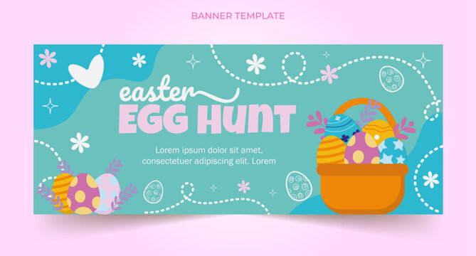 Happy Easter blue banner vector design, holiday background, egg hunt event, editable illustration with basket, flowers, and hearts