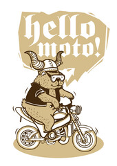 Biker Bear Rides a Motorcycle in a Viking Helmet and Goggles Vector Illustration 
