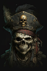 Pirate skull with bandana and hat. Digital painting style. Generative ai.