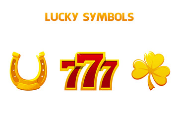Lucky symbols - seven, clover and horseshoe. Golden icons for slots and casino game