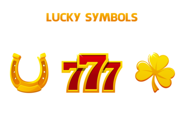 Lucky symbols - seven, clover and horseshoe. Golden icons for slots and casino game