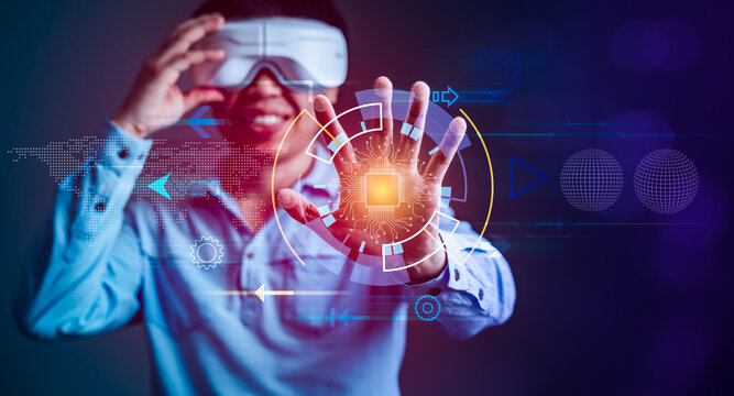 Man with virtual reality VR goggle, futuristic lifestyle, cloud computing and Metaverse technology - Powered by Adobe