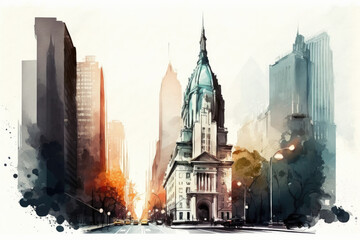 Obraz premium modern big city metropolis with skyscrapers and tall buildings painted with watercolors. Generative AI
