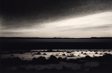 Illustration of a serene sunset over a peaceful ocean in black and white created with Generative AI technology