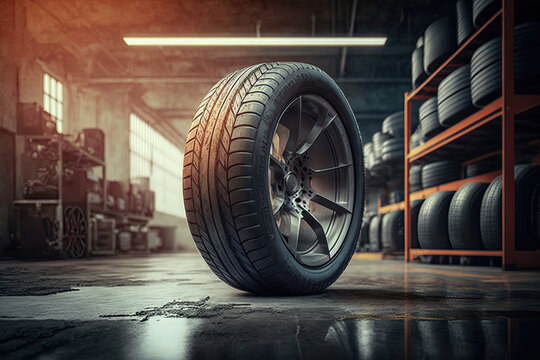 tires with rims in a workshop or warehouse. Generative AI