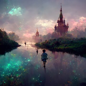 The image shows a group of fairies in a field, with a dying tree in the background. Generate Ai