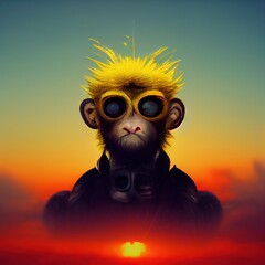 This is a photo of a monkey with yellow eyeballs and a gun in the sunset standing next to a cloud. Generate Ai