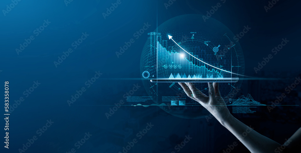 Poster businessman holding digital tablet with data growth graph and progress of business and analyzing fin