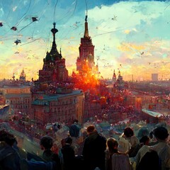 The image depicts a view of Moscow from a birds eye view as the sun sets, and a rocket flies in the sky. Generate Ai