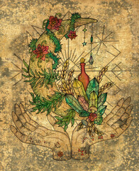 Naklejka premium Vintage mystic illustration with occult, esoteric and gothic symbol of moon against old paper textured background, Halloween concept, card with witchraft emblem