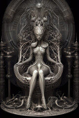 Fototapeta premium The dark Princess on her Throne. Dark fantasy art created using generative AI tools.
