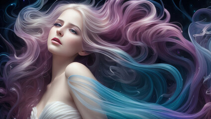 Fototapeta premium Elegant Woman Portrait Long Flowing Pink Blue Hair Ethereal Angelic Smokey Background Wallpaper Generative AI Illustration