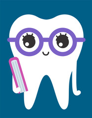 Tooth in glasses holding book. Cute character in flat style.