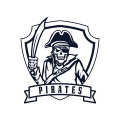 Skull pirates logo with retro style monochrome design.
