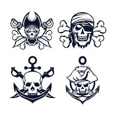 Skull pirates logo with retro style monochrome design.