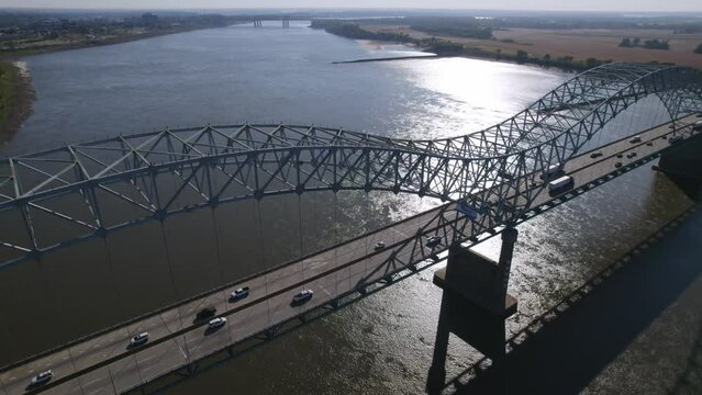 Aerial of Mississippi River Bridge Between Arkansas and Tennessee Near Downtown Memphis