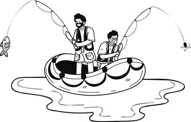 father and son fishing on a boat illustration in doodle style