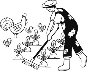 Obraz premium gardener planting vegetables illustration in doodle style