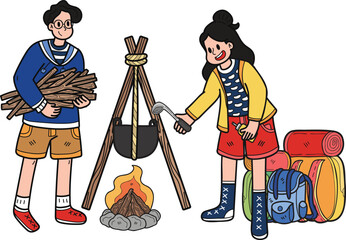 Tourists making fires for camping illustration in doodle style