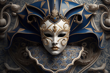 Fototapeta Amazing detailed Venetian mask design with gold golden metal. Festive Venice Italy traditional carnival mask. Ai generated obraz
