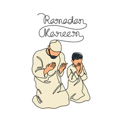 Father and his son are praying the mosque during ramadhan time in continuous line art drawing style. design with Minimalist black linear design isolated on white background. Vector illustration