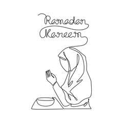 One continuous line drawing of a moslem woman is praying during ramadan time. Moslem praying design with simple linear style. Ramadan kareem design concept