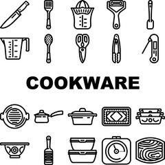 kitchen cooking cookware utensil icons set vector