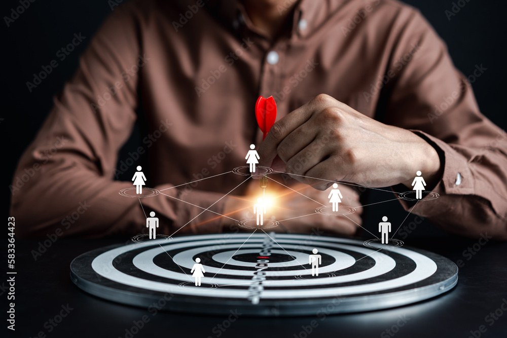 Aufkleber customer targeting the business concept, businessman aiming red arrow dart to the target dartboard, 