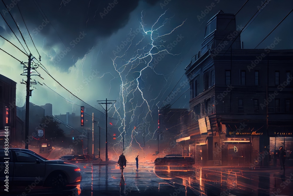 Sticker dramatic thunderstorm over busy city, with lightning strikes and people on the streets, created with